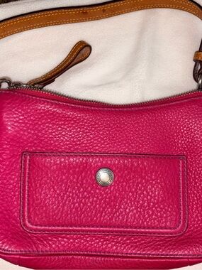 Coach Pink Pebbled Leather Shoulder Bag with Tan Strap